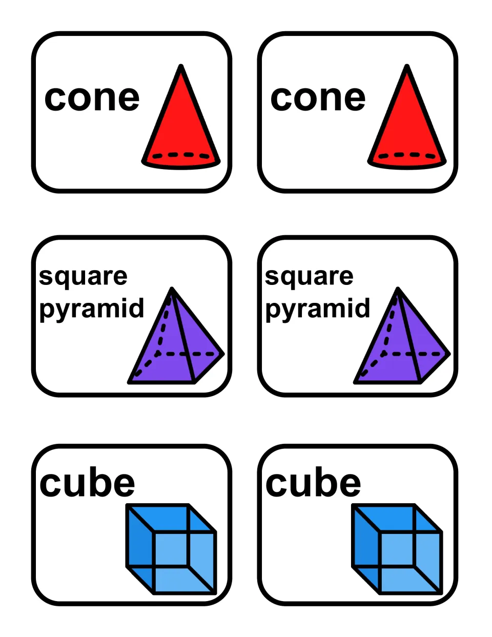 Memory cards: matching pairs of labeled cone, square pyramid and cube cards, each showing the shape drawn in color