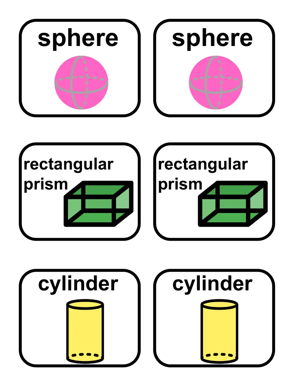Memory cards: matching pairs of labeled sphere, rectangular prism and cylinder cards, each with a colored shape drawing