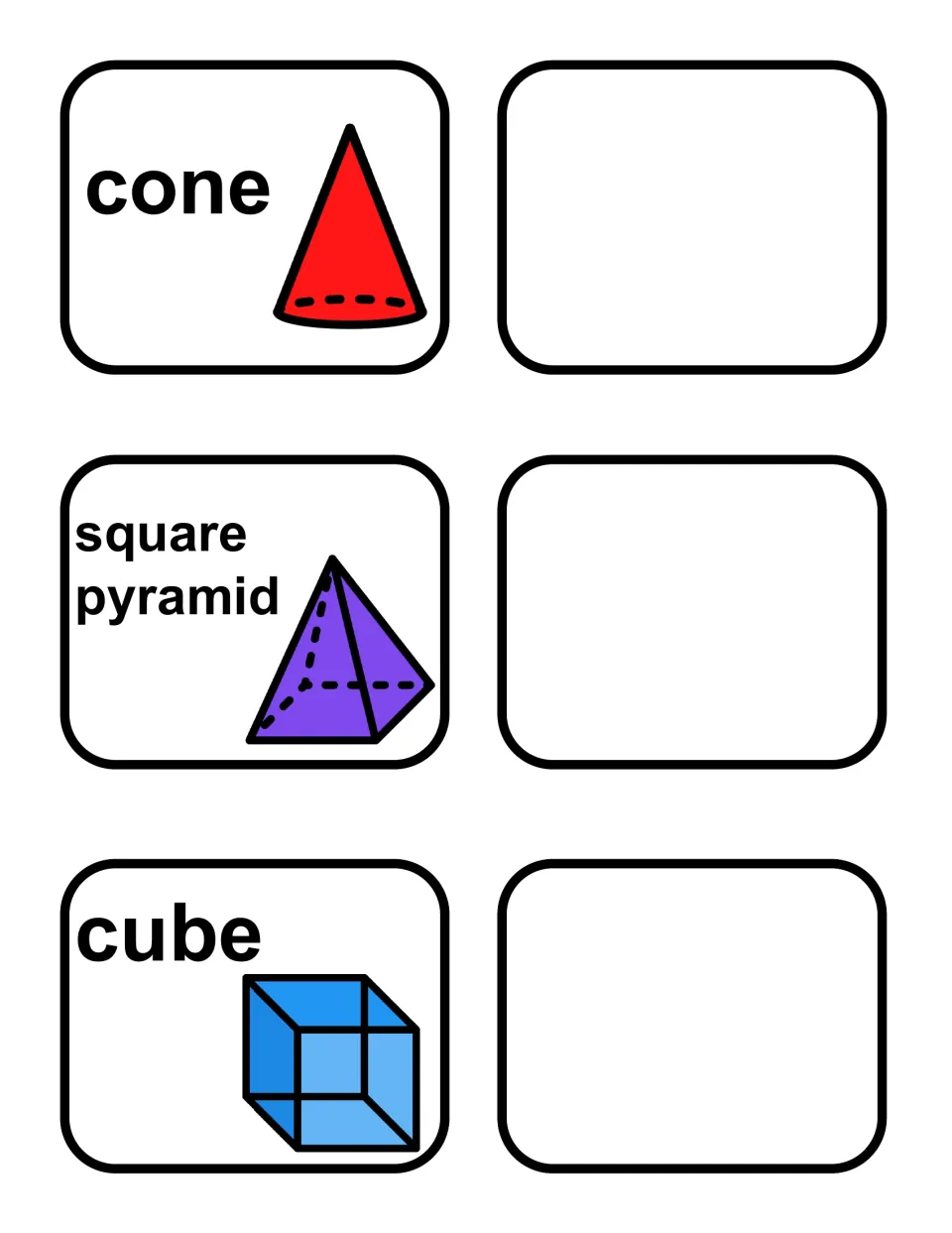 Cone, square pyramid and cube cards, each paired with a blank card where students draw or write a matching object