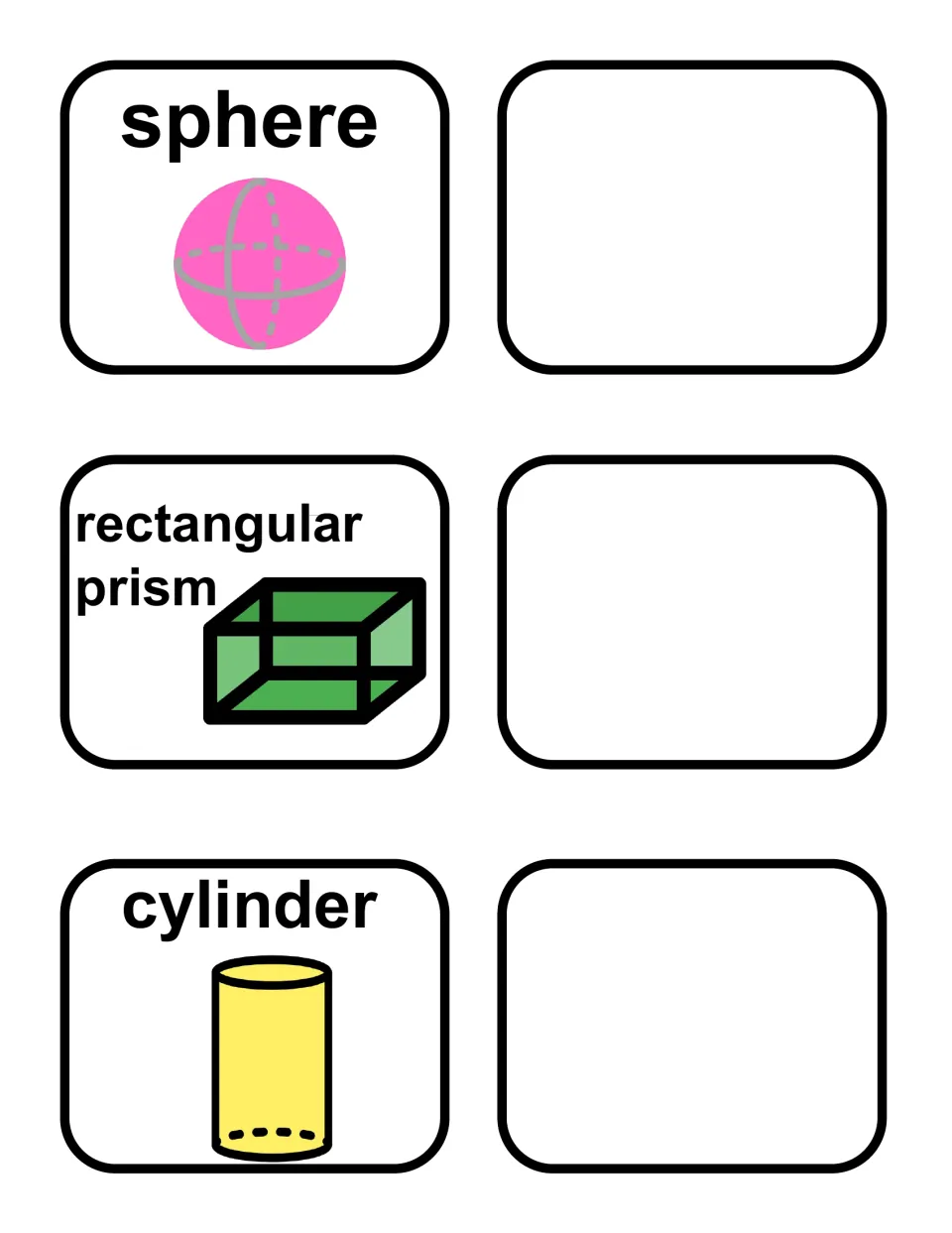 Sphere, rectangular prism and cylinder cards beside blank cards for adding pictures or descriptions of matching objects