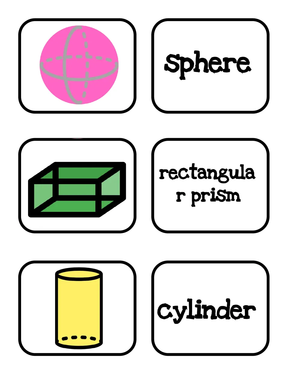 Shape name matching cards: pictures of a sphere, rectangular prism and cylinder with separate cards naming each solid