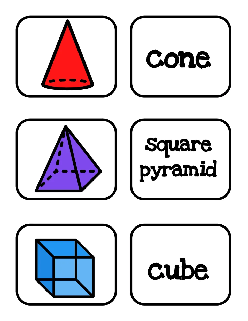 Shape name matching cards: pictures of a cone, square pyramid and cube alongside word cards naming each 3D solid