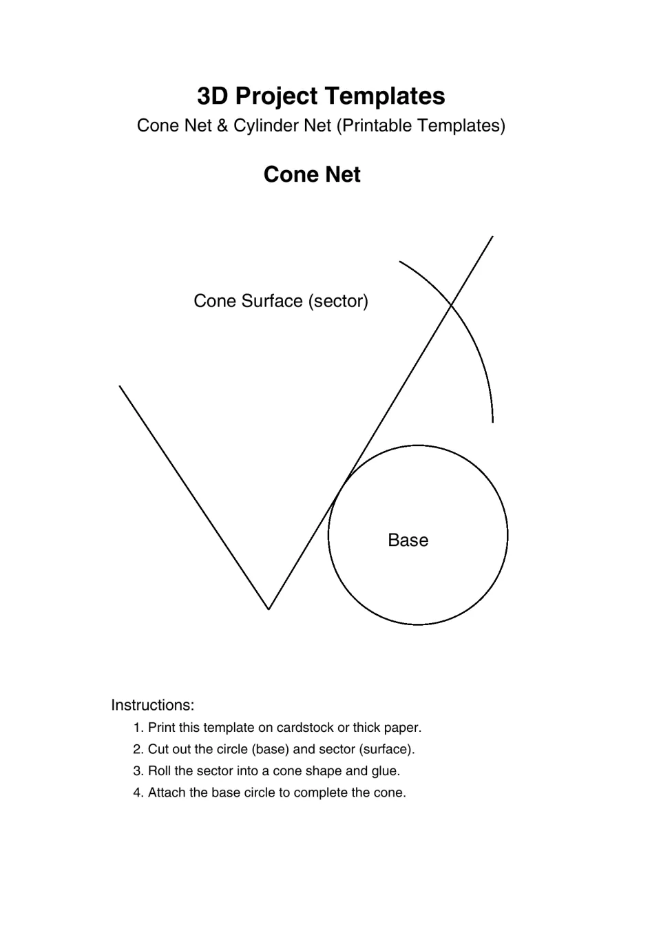 Cone net template labeled Cone Surface (sector) and Base, with instructions to roll and glue the surface
