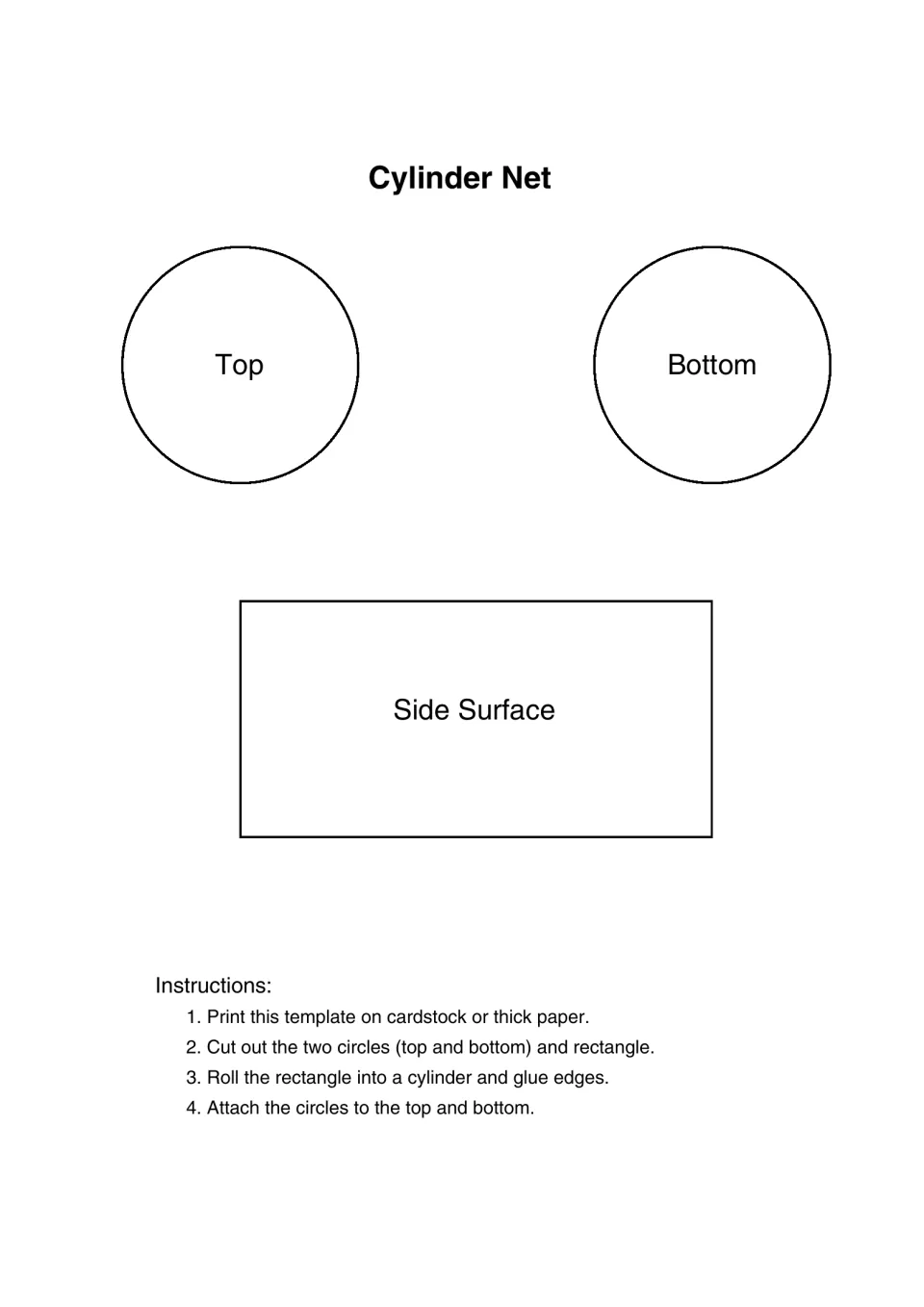 Cylinder net template with circles labeled Top and Bottom, a rectangular Side Surface, and instructions