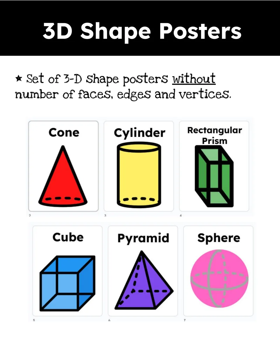 Section title for 3D shape posters without face, edge and vertex counts, showing the cone, cylinder, prism and cube