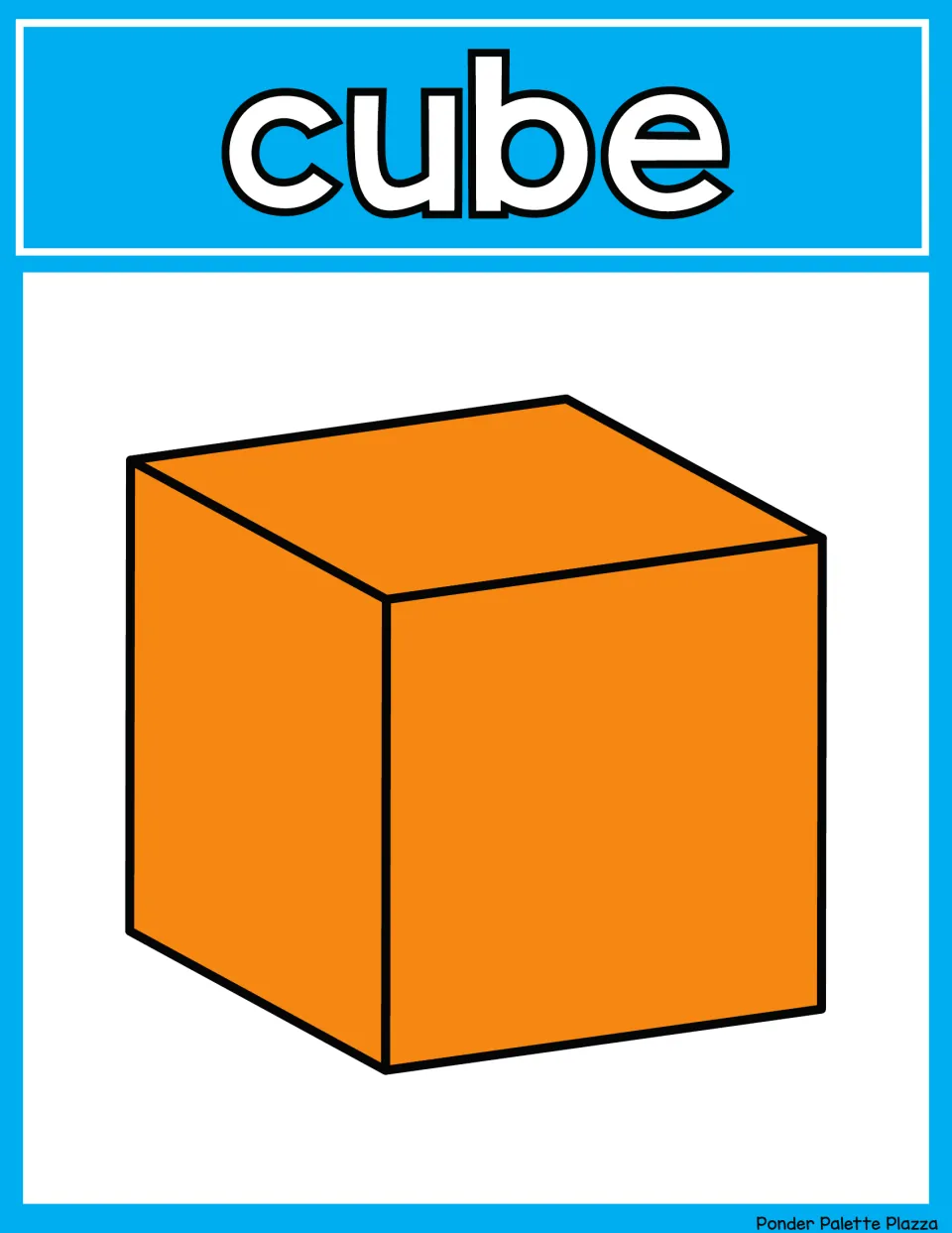 Cube poster for shape recognition: the word cube above an orange cube drawn so its top and two side faces show