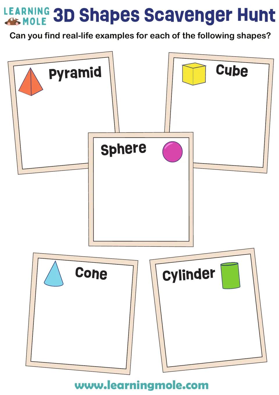 3D shapes scavenger hunt: students find real-life objects shaped like a pyramid, cube, sphere, cone and cylinder