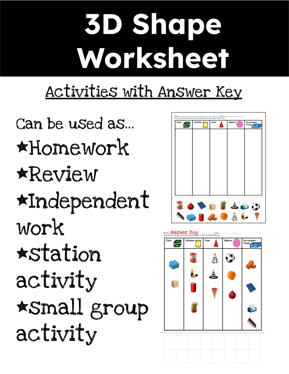 3D Shape Worksheet cover: cut-and-sort activity with answer key, for homework, review, stations or small groups