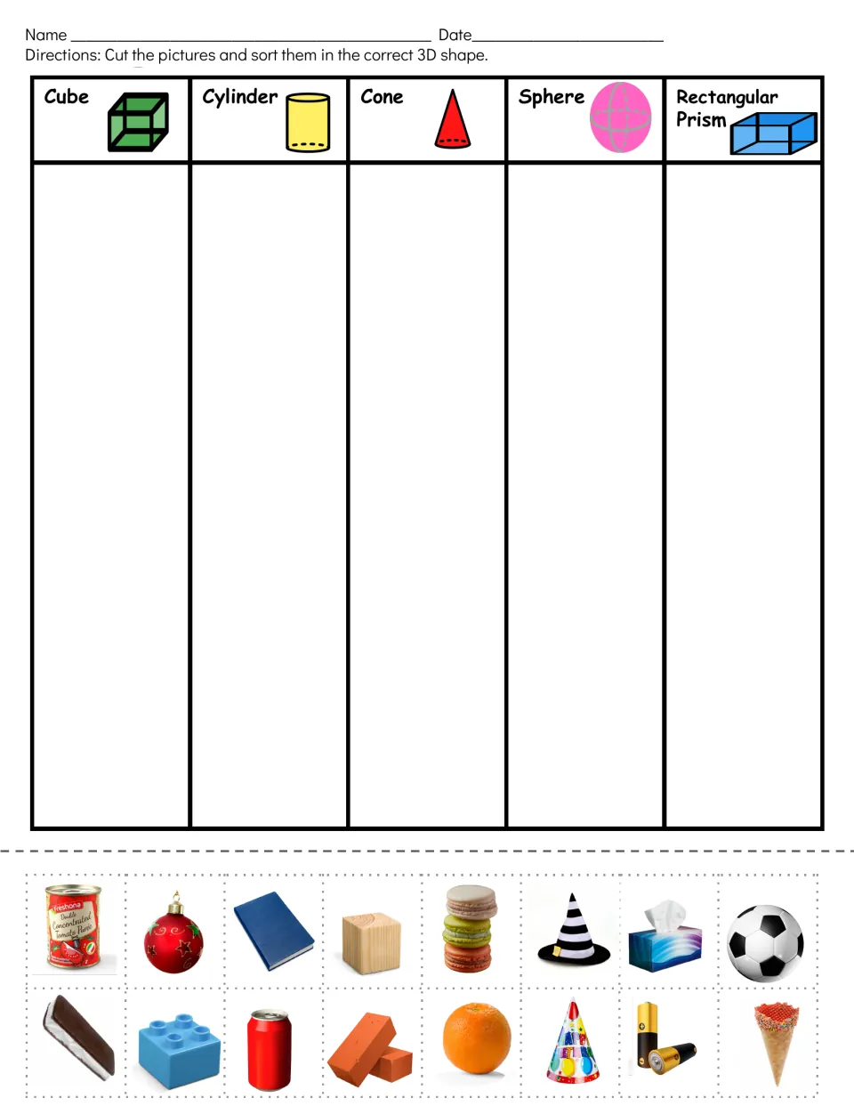 3D shape sort: students cut out 16 object photos and sort each into cube, cylinder, cone, sphere or rectangular prism