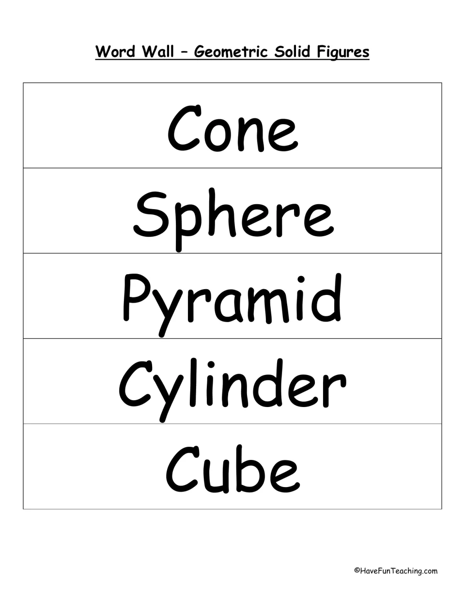 Geometric solid figures word wall: five large word cards to cut apart for cone, sphere, pyramid, cylinder and cube