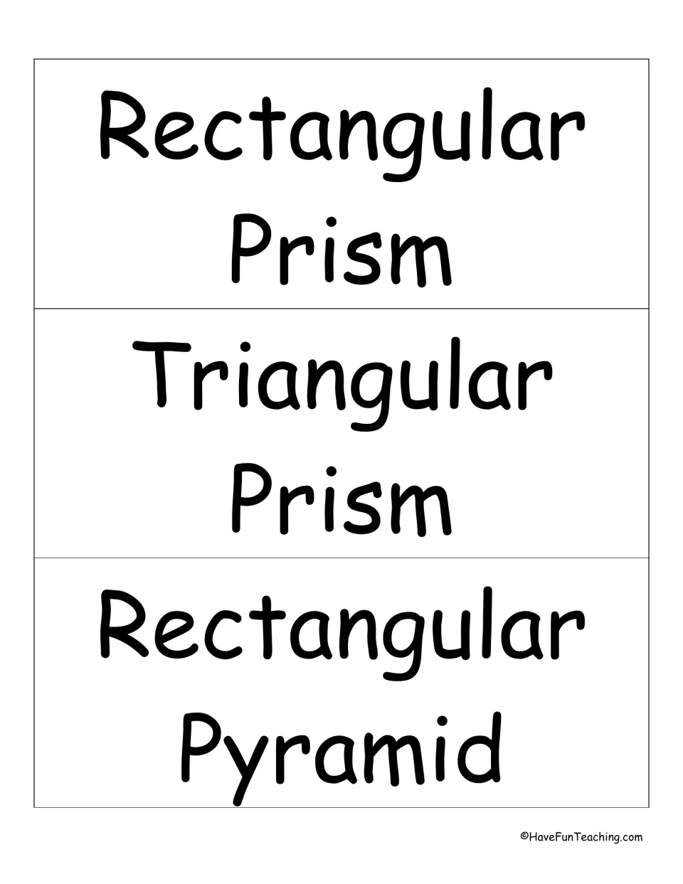 Solid figure vocabulary cards naming rectangular prism, triangular prism and rectangular pyramid in large print
