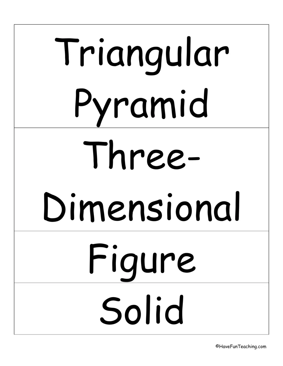 Word cards for 3D vocabulary: triangular pyramid, three-dimensional, figure and solid, printed large for display