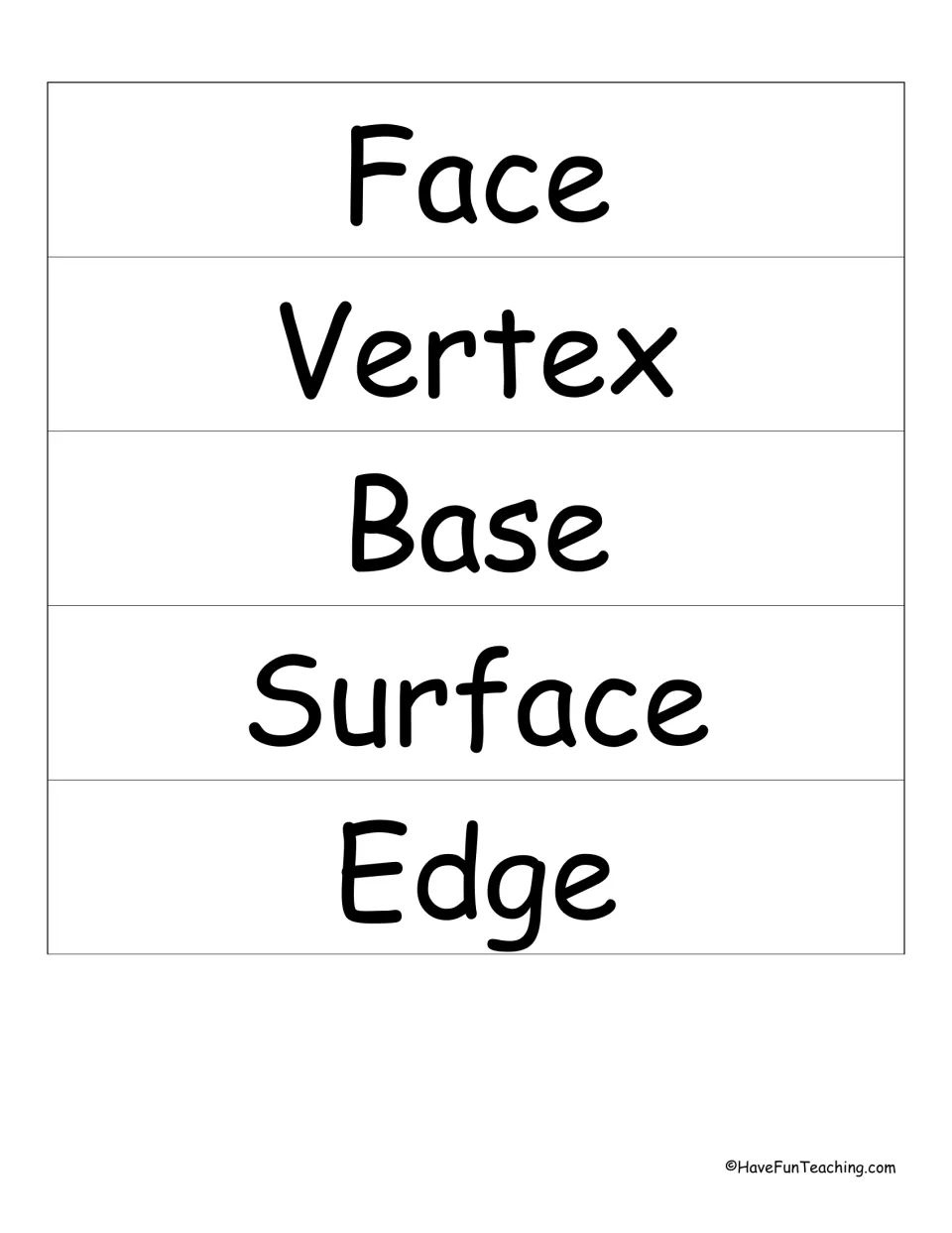 Shape attribute vocabulary cards: face, vertex, base, surface and edge in large print for naming parts of solid figures