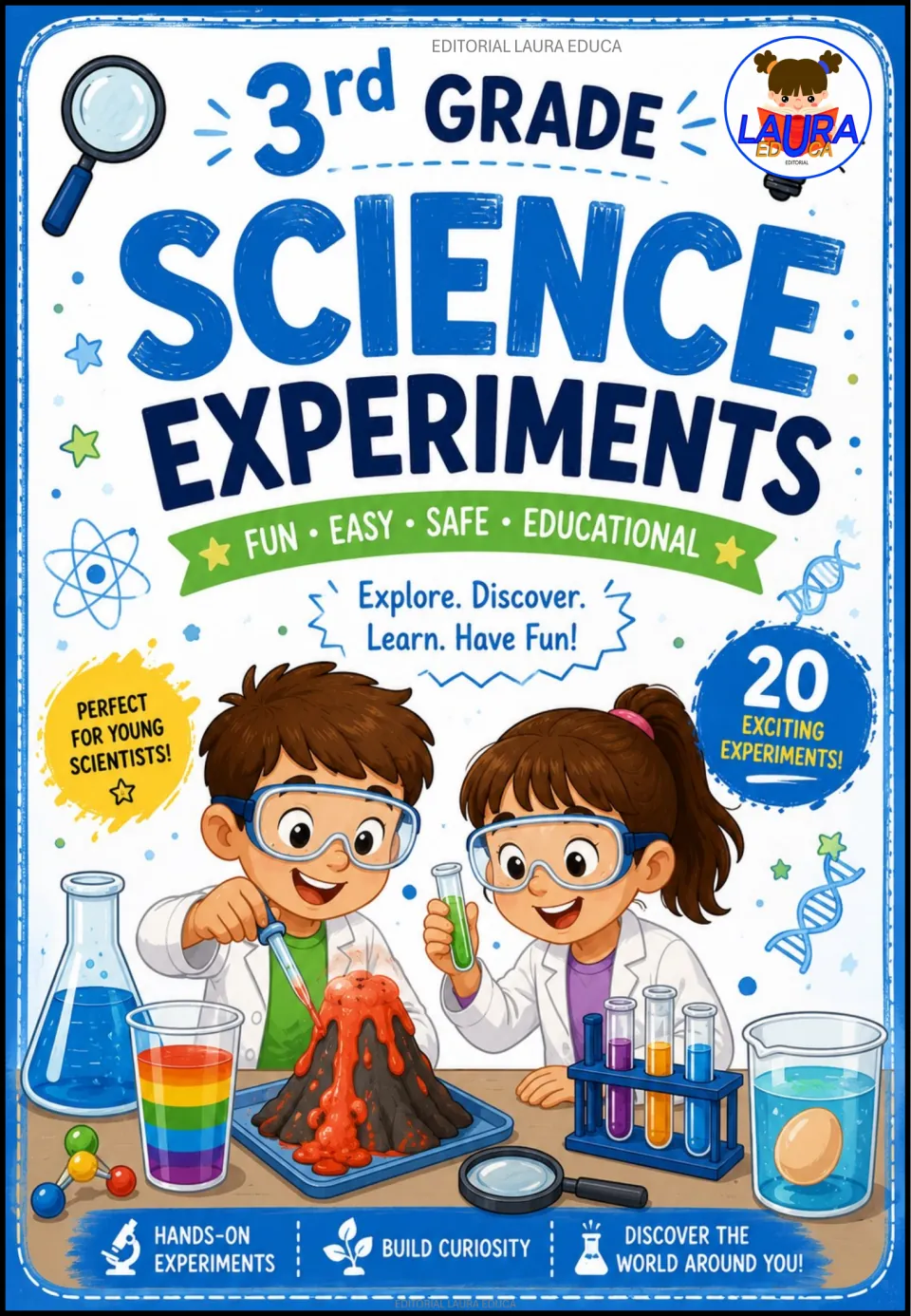 Cover of 3rd Grade Science Experiments by Editorial Laura Educa, noting 20 experiments, with kids in goggles at a volcano