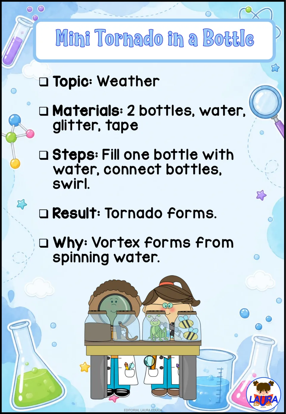 Mini Tornado in a Bottle, a weather experiment: students swirl two taped bottles of water and glitter to see a vortex form