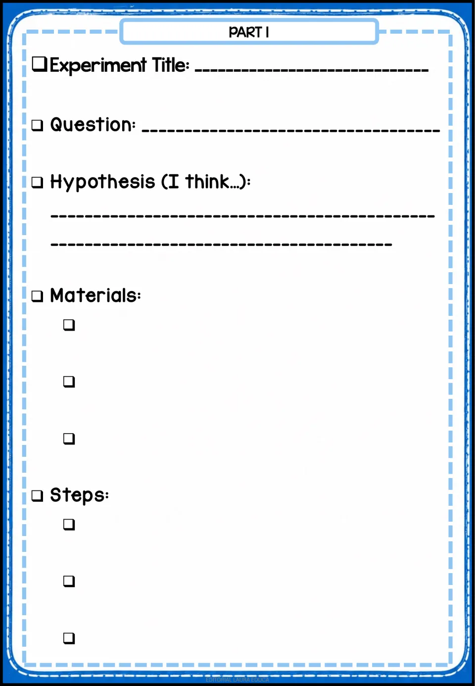 Lab report part 1 after the tornado card: students write the experiment title, question, hypothesis, materials and steps