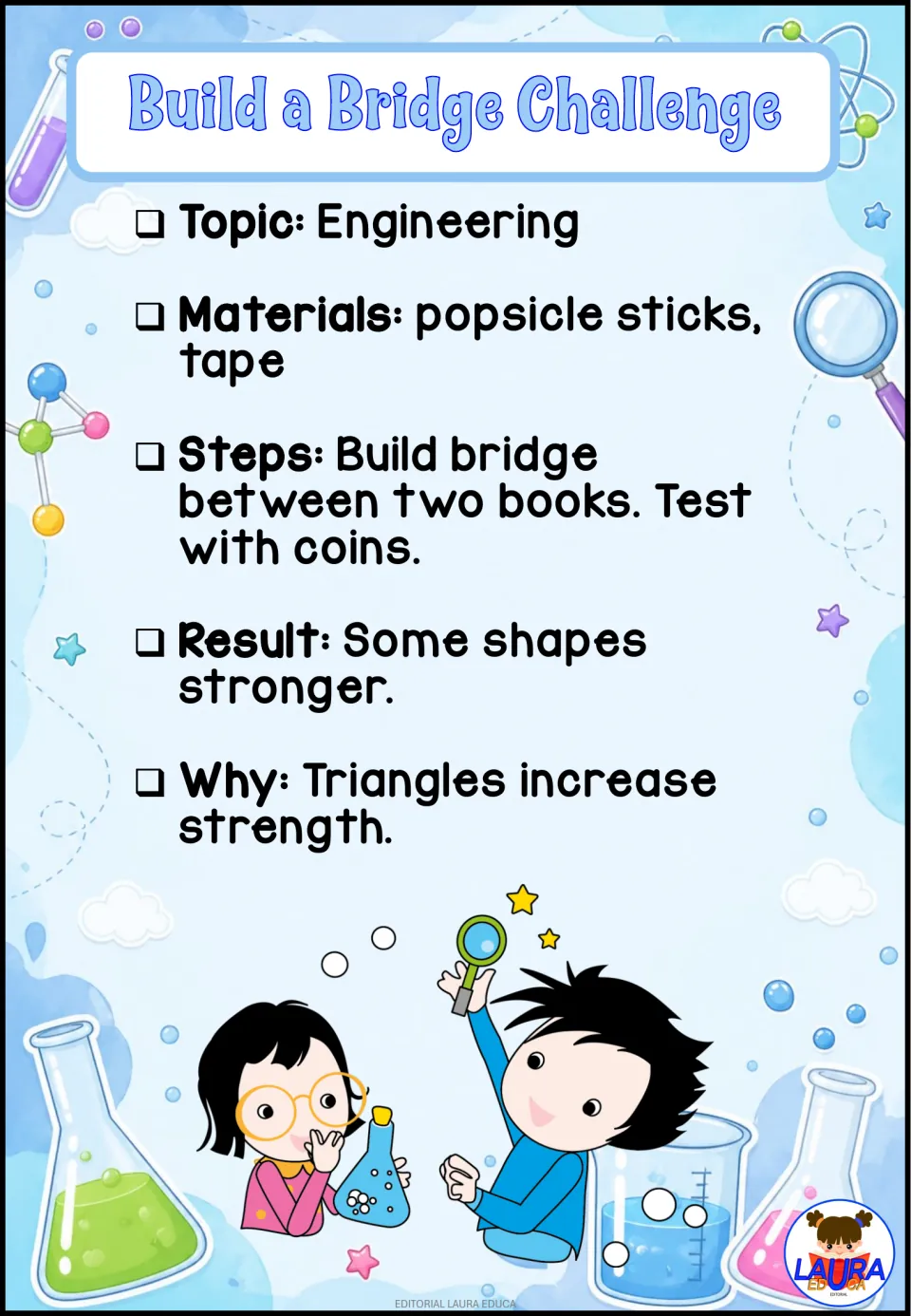 Build a Bridge Challenge, an engineering task: students span two books with popsicle sticks and tape, test it with coins