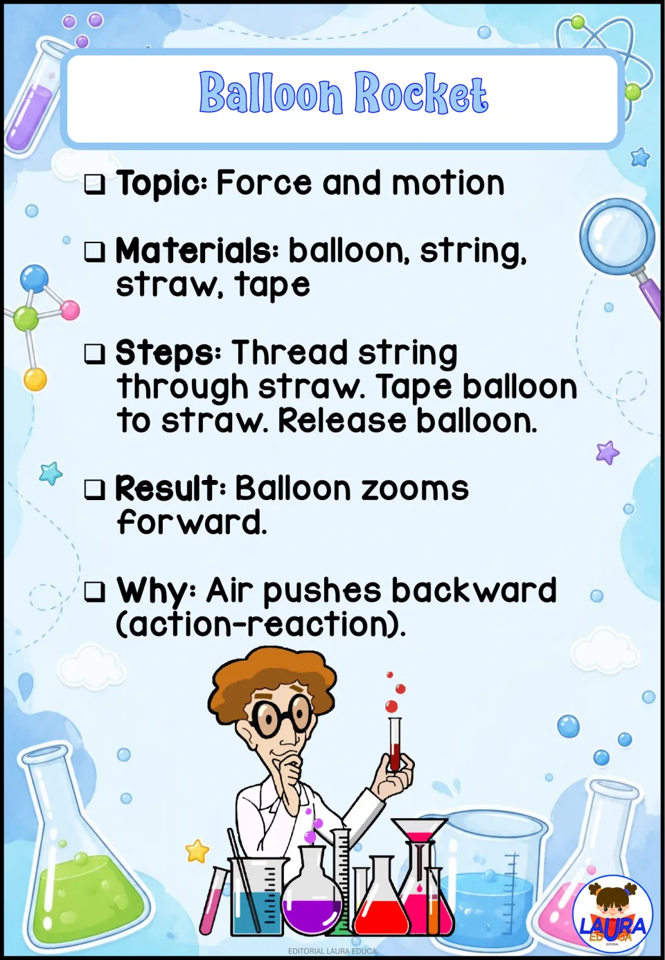 Balloon Rocket, a force and motion experiment: students tape a balloon to a straw on a string and release it so it zooms