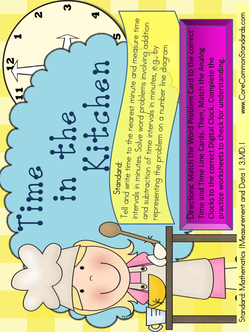 Time in the Kitchen directions: match word problems to time and timeline cards, then analog to digital clocks