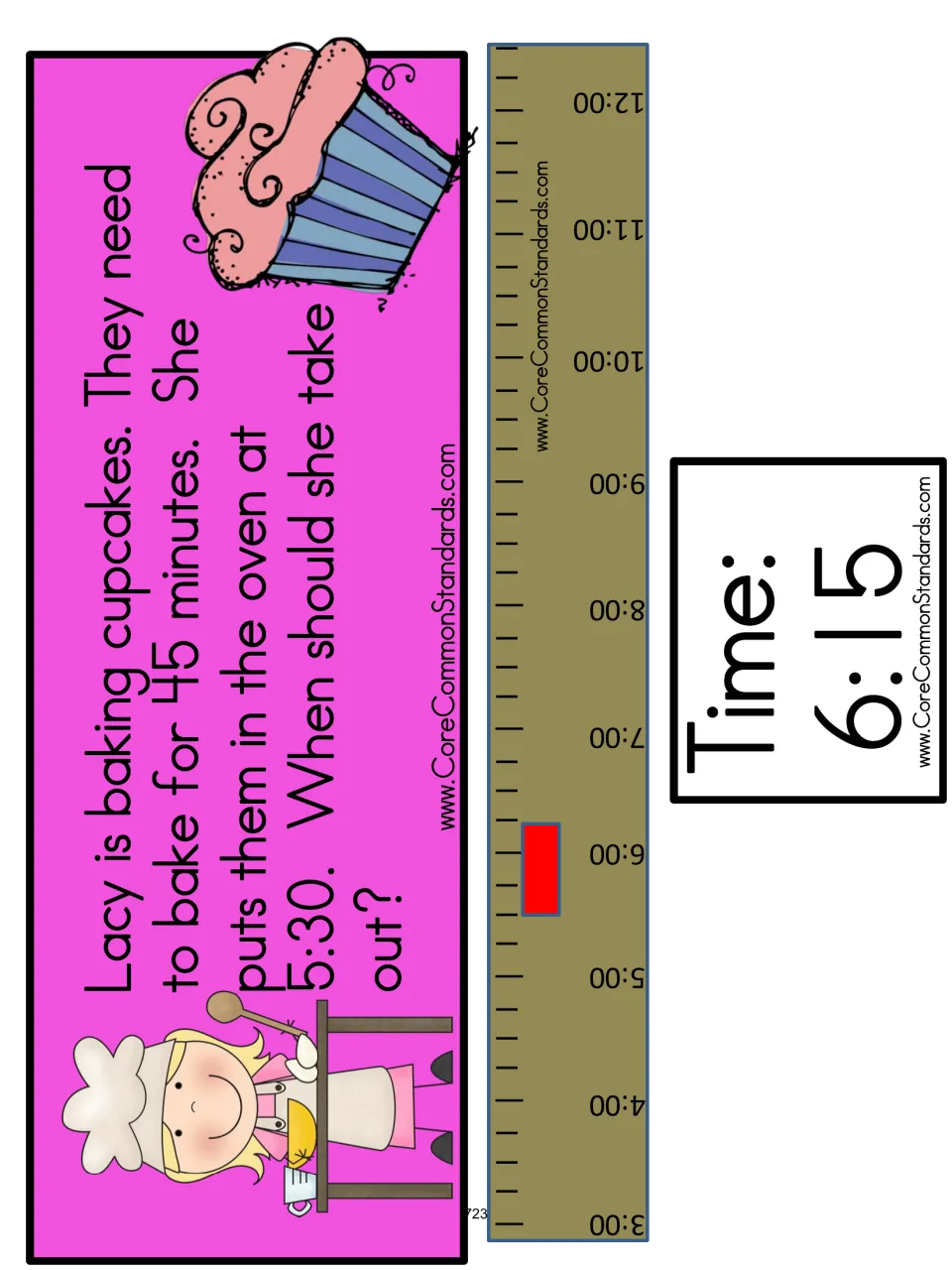 Cupcake problem-card sheet: Lacy starts baking at 5:30 for 45 minutes, with a timeline and 6:15 time card