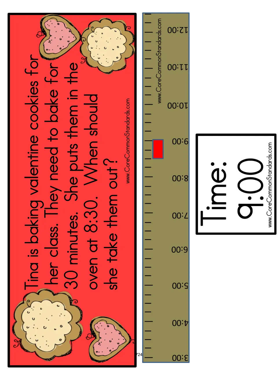 Cookie problem-card sheet: Tina starts baking at 8:30 for 30 minutes, with a timeline and 9:00 time card