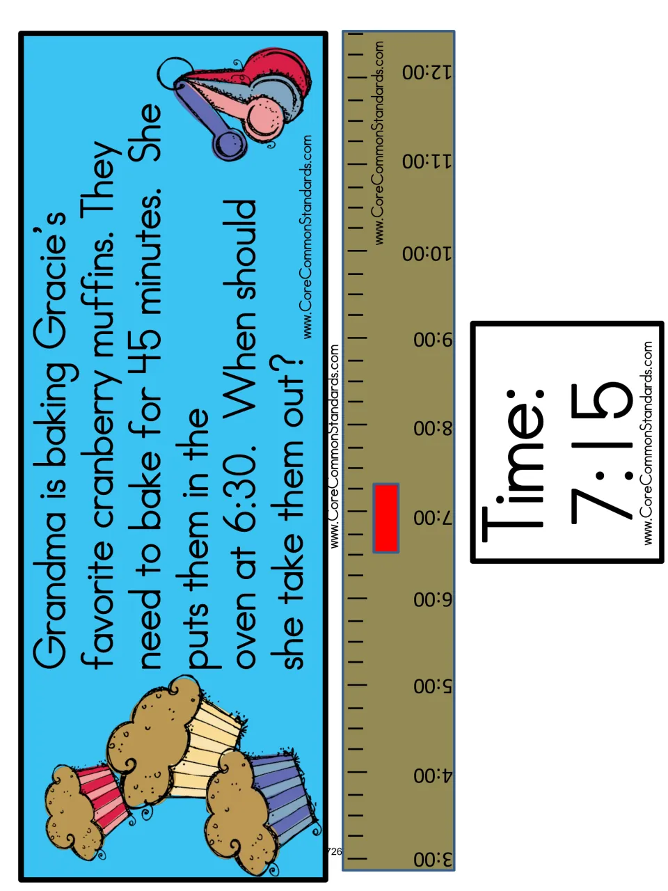 Muffin problem-card sheet: Grandma starts baking at 6:30 for 45 minutes, with a timeline and 7:15 time card