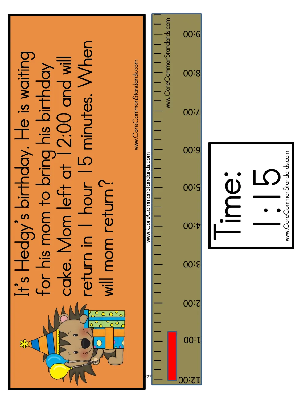 Birthday problem-card sheet: Hedgy’s mom leaves at 12:00 for 1 hour 15 minutes; the time card reads 1:15