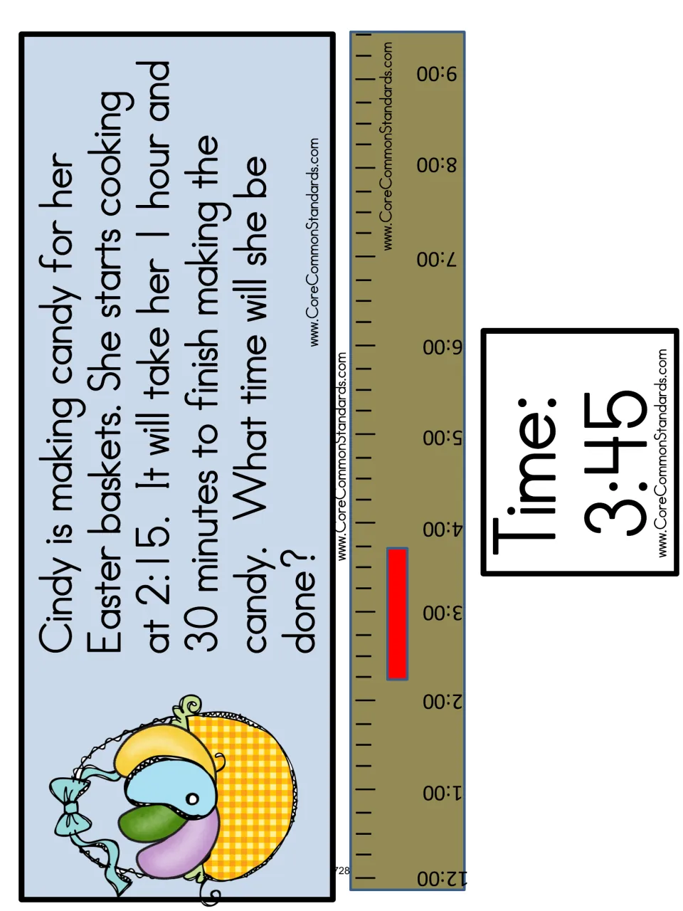 Candy problem-card sheet: Cindy starts at 2:15 and cooks for 1 hour 30 minutes; the time card reads 3:45