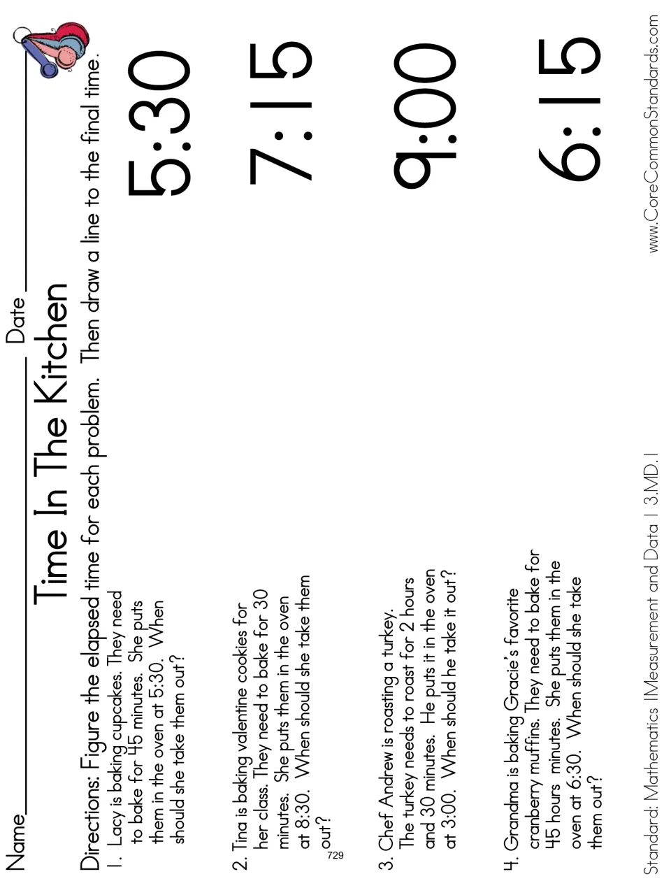 Practice page: match cupcake, cookie, turkey, and muffin word problems to 5:30, 7:15, 9:00, and 6:15