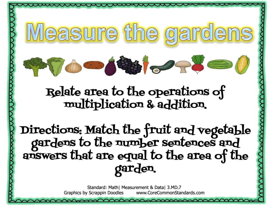 Measure the gardens: directions to match fruit and vegetable gardens to area number sentences and answers, 3.MD.7