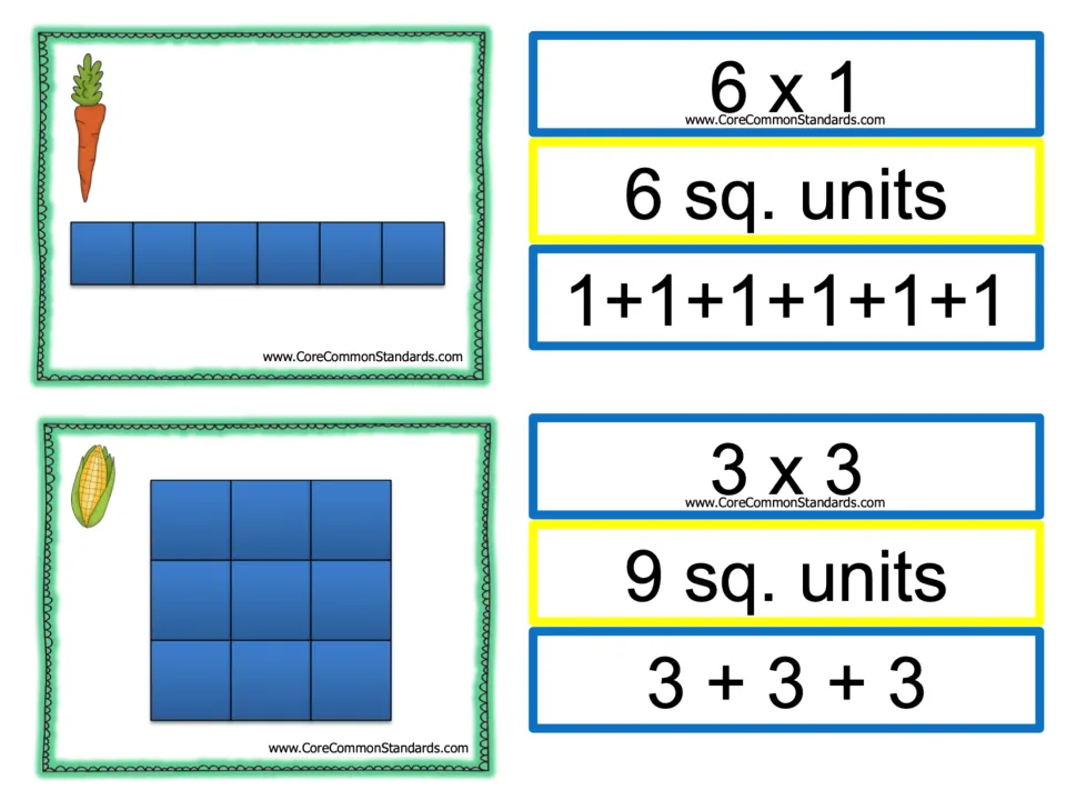 Area matching cards: carrot garden (6 x 1, 1+1+1+1+1+1, 6 sq. units) and corn garden (3 x 3, 3+3+3, 9 sq. units)