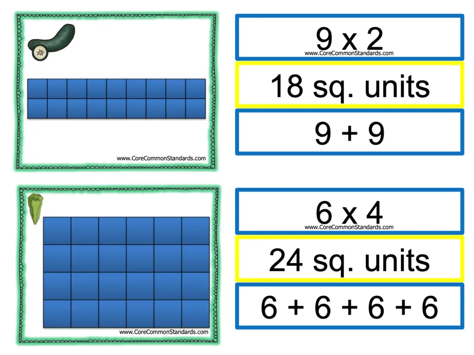 Area matching cards: cucumber garden (9 x 2, 9+9, 18 sq. units) and lettuce garden (6 x 4, 6+6+6+6, 24 sq. units)