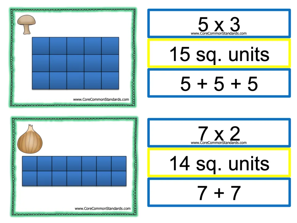 Area matching cards: mushroom garden (5 x 3, 5+5+5, 15 sq. units) and onion garden (7 x 2, 7+7, 14 sq. units)
