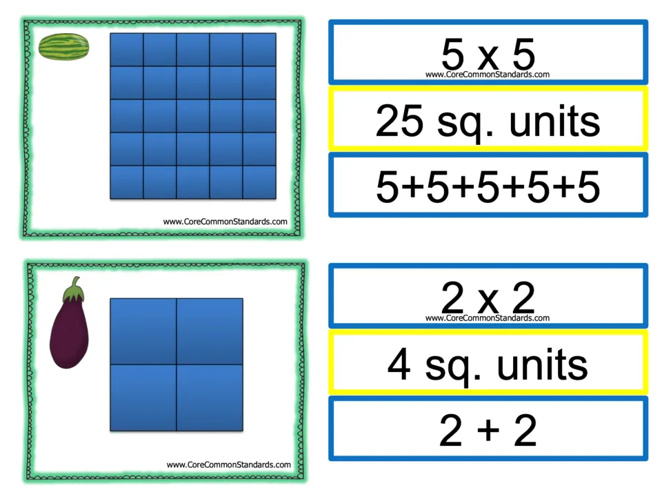 Area matching cards: watermelon garden (5 x 5, 5+5+5+5+5, 25 sq. units) and eggplant garden (2 x 2, 2+2, 4 sq. units)