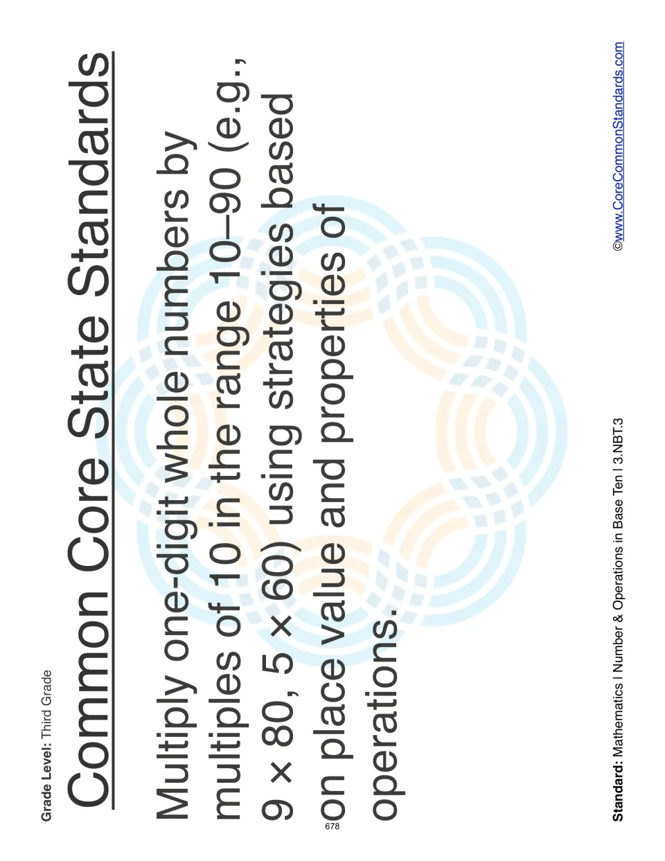 Standard 3.NBT.3 stated in full: multiply one-digit numbers by multiples of 10 from 10 to 90, such as 9 × 80 and 5 × 60