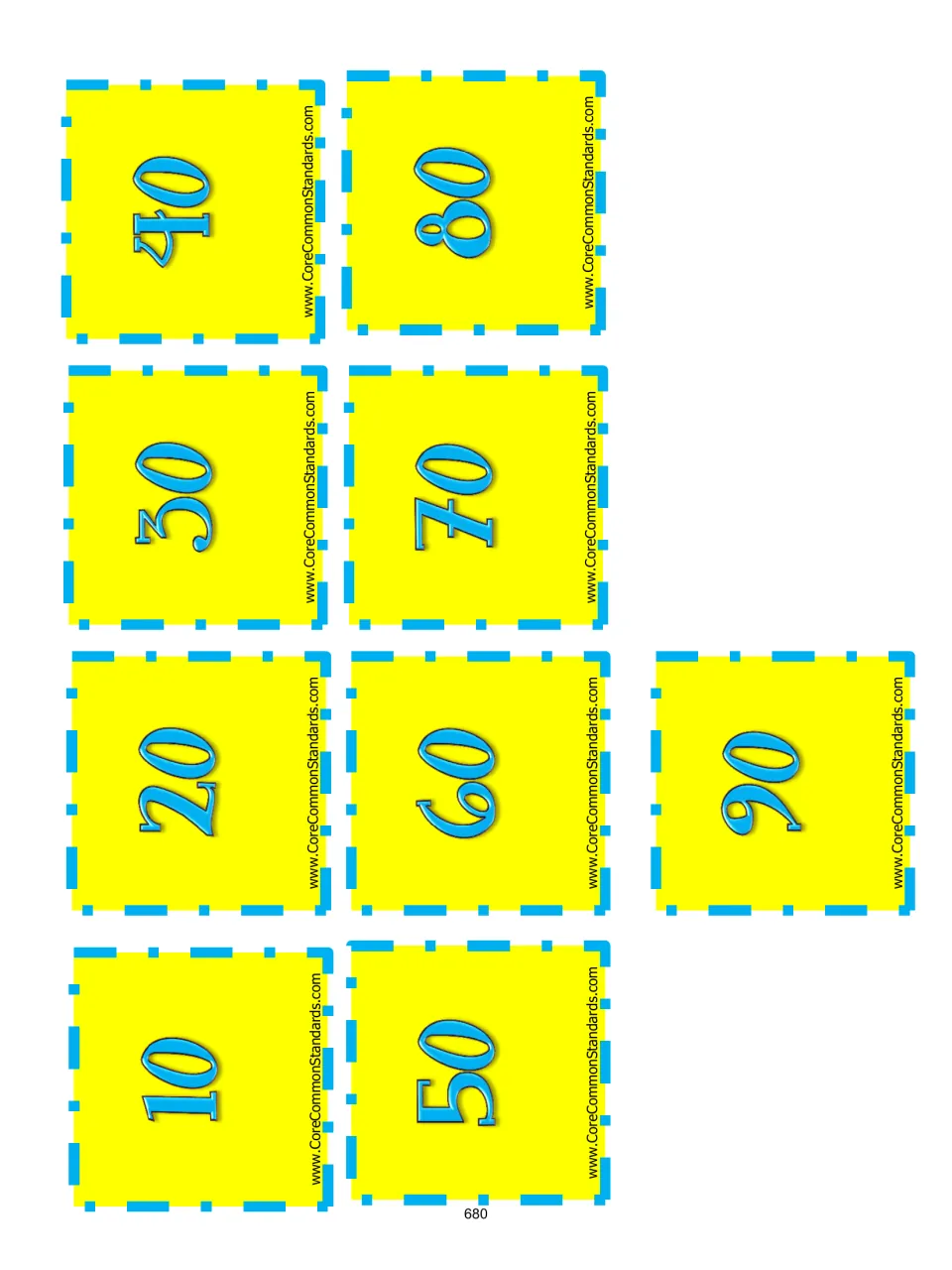 Cut-out piece: yellow cards numbered 10 through 90 in tens, the multiples-of-ten set for multiplying