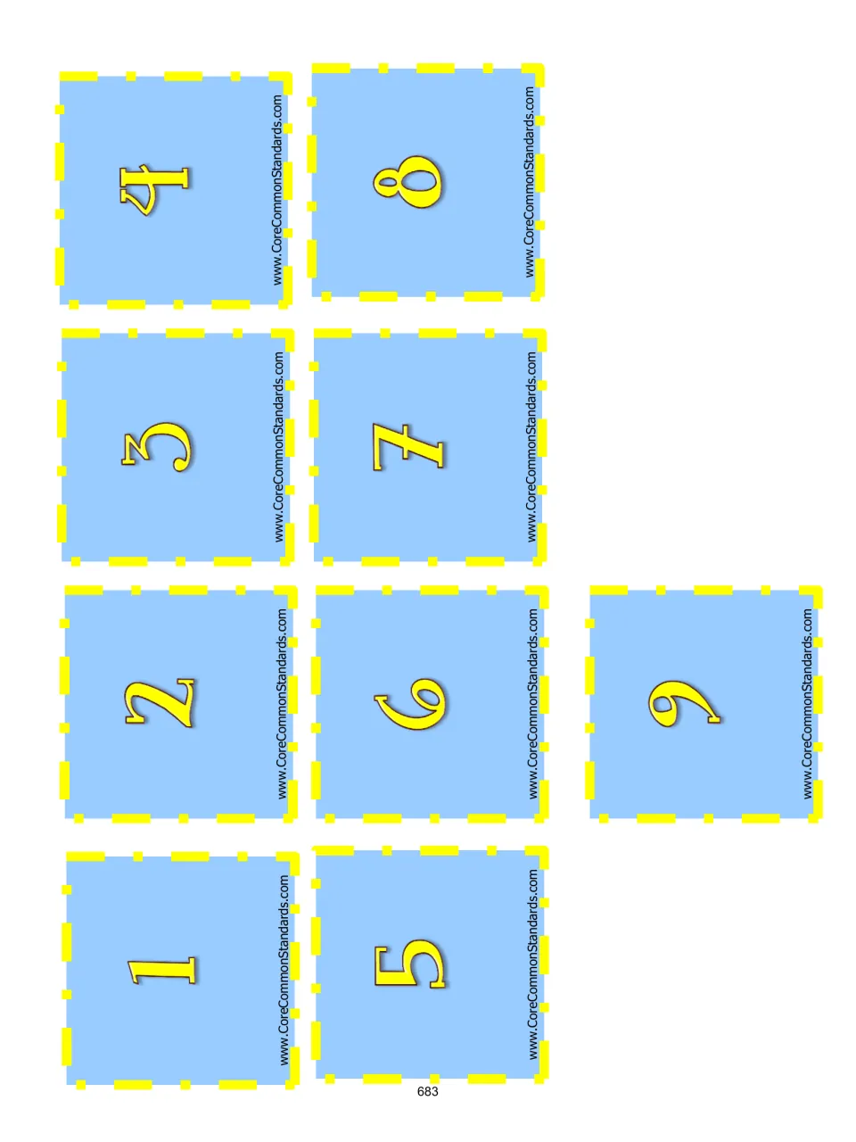 Cut-out piece: another sheet of blue single-digit cards 1 to 9 for drawing a digit to multiply by a ten