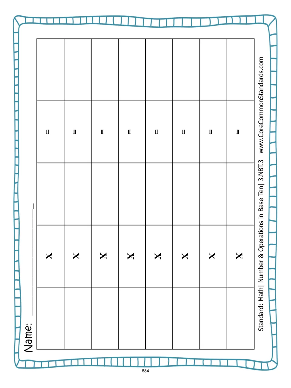 Recording sheet: students write eight multiplication equations and their products from the card game, with a name line