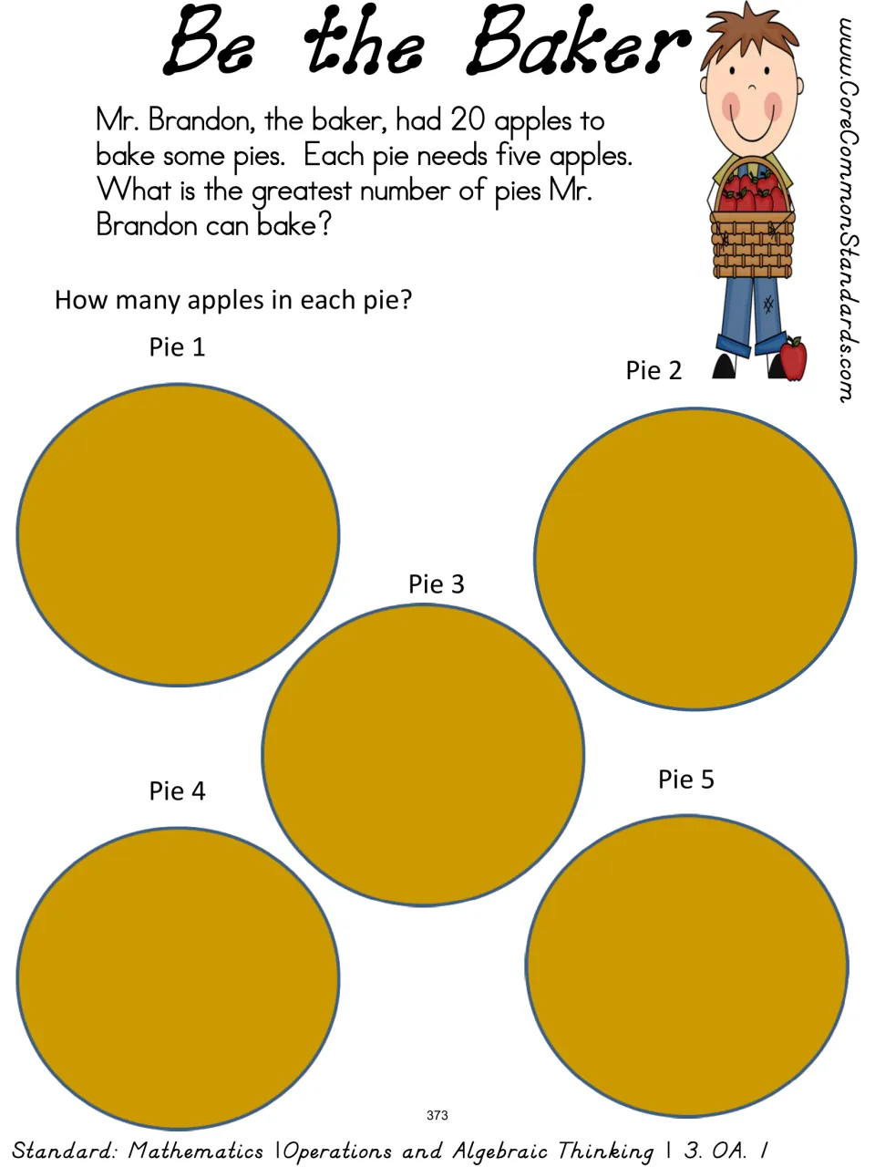 Pie grouping mat asks how many pies Mr. Brandon can bake with 20 apples, using five apples in each pie