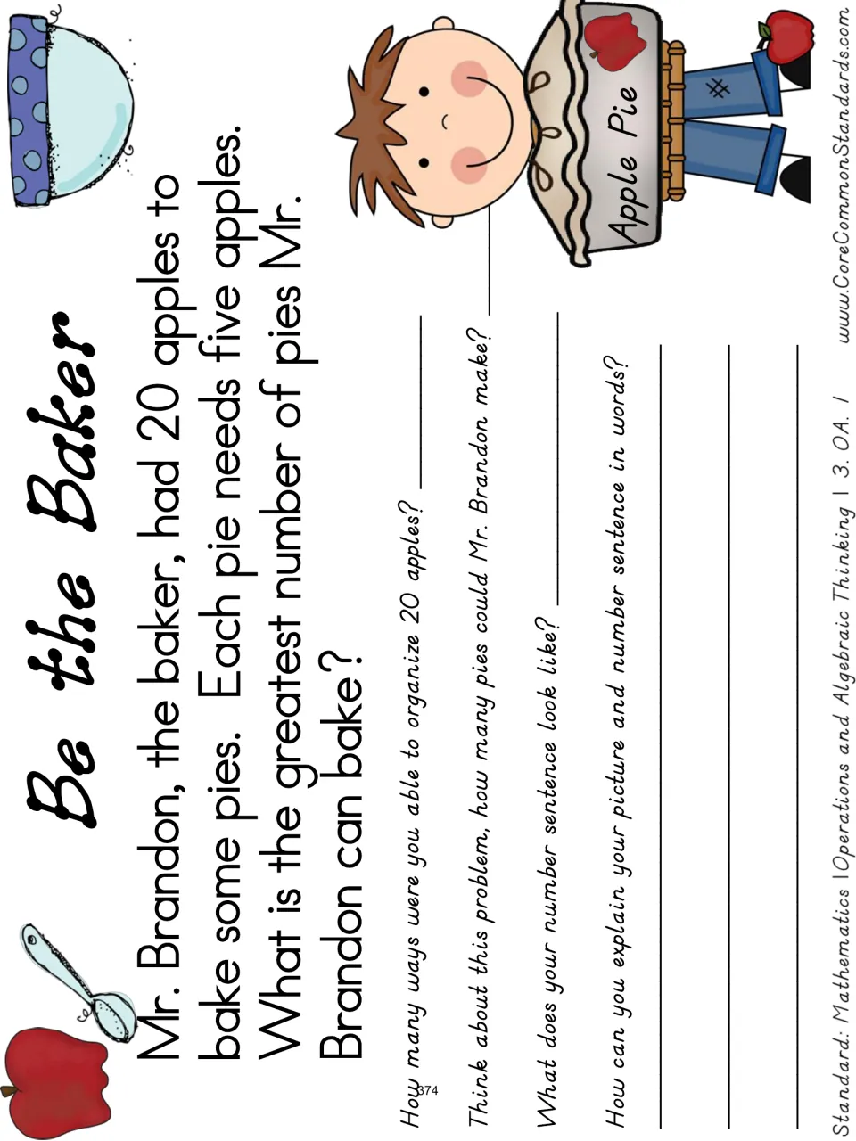 Apple problem response sheet asks how to organize 20 apples, find the pie total, and explain a number sentence