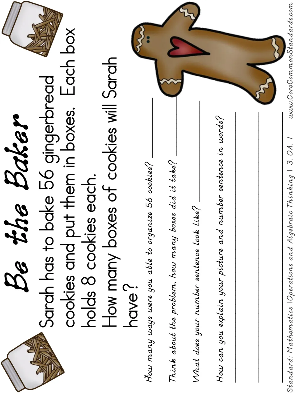 Sarah's cookie problem asks how many boxes hold 56 cookies at eight per box, with prompts to explain the solution