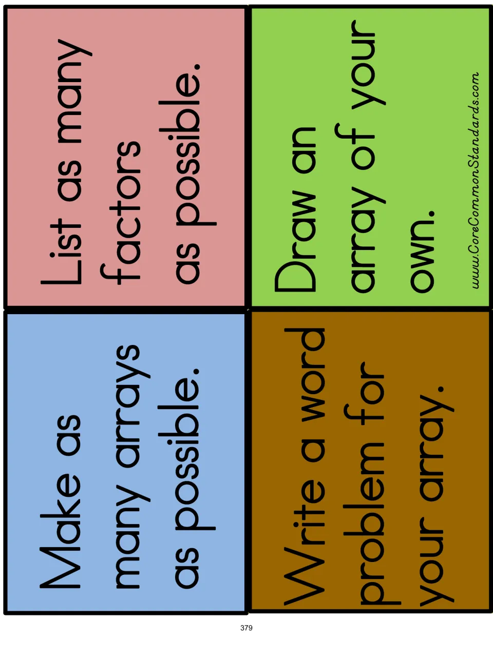Four array task cards ask students to make arrays, list factors, write an array word problem, and draw an array