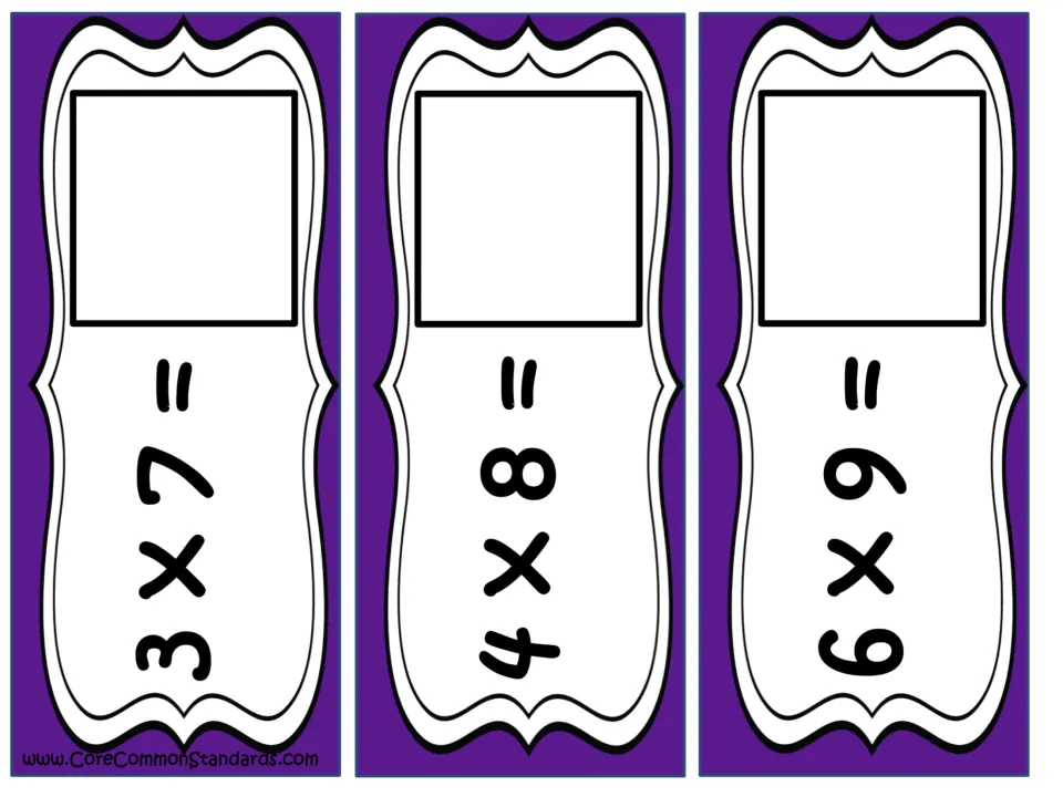 Multiplication problem cards 1–3 of 12: 3 × 7, 4 × 8, and 6 × 9, each requiring a matching answer card