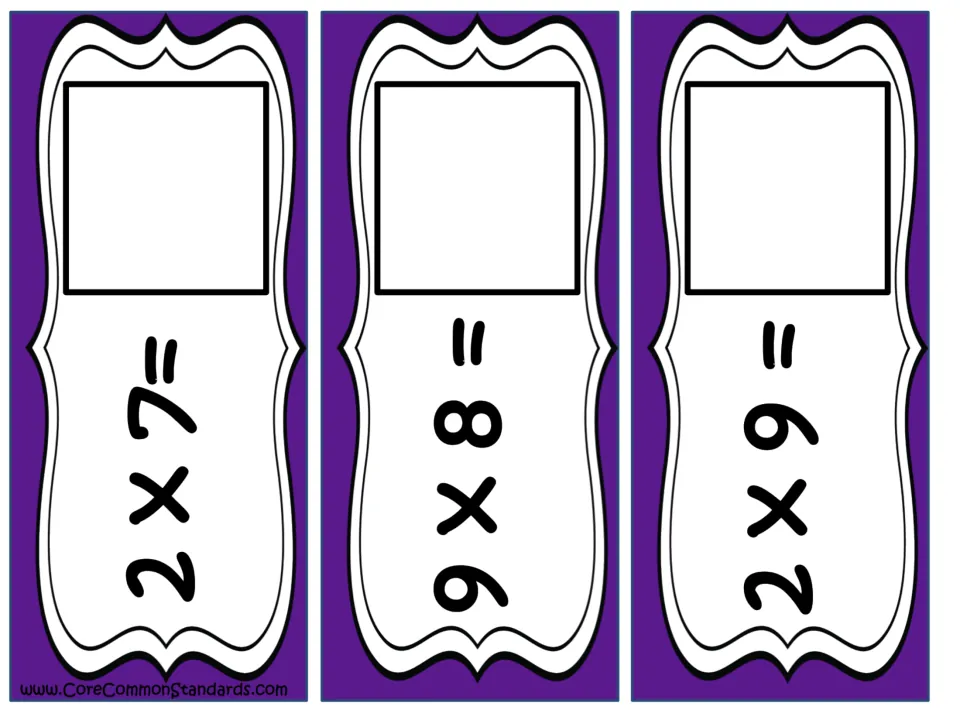 Multiplication problem cards 4–6 of 12: 2 × 7, 9 × 8, and 2 × 9, each requiring a matching answer card