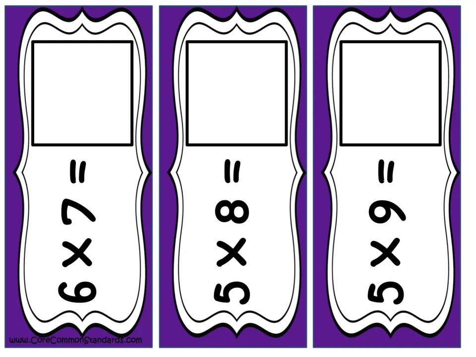 Multiplication problem cards 7–9 of 12: 6 × 7, 5 × 8, and 5 × 9, each requiring a matching answer card