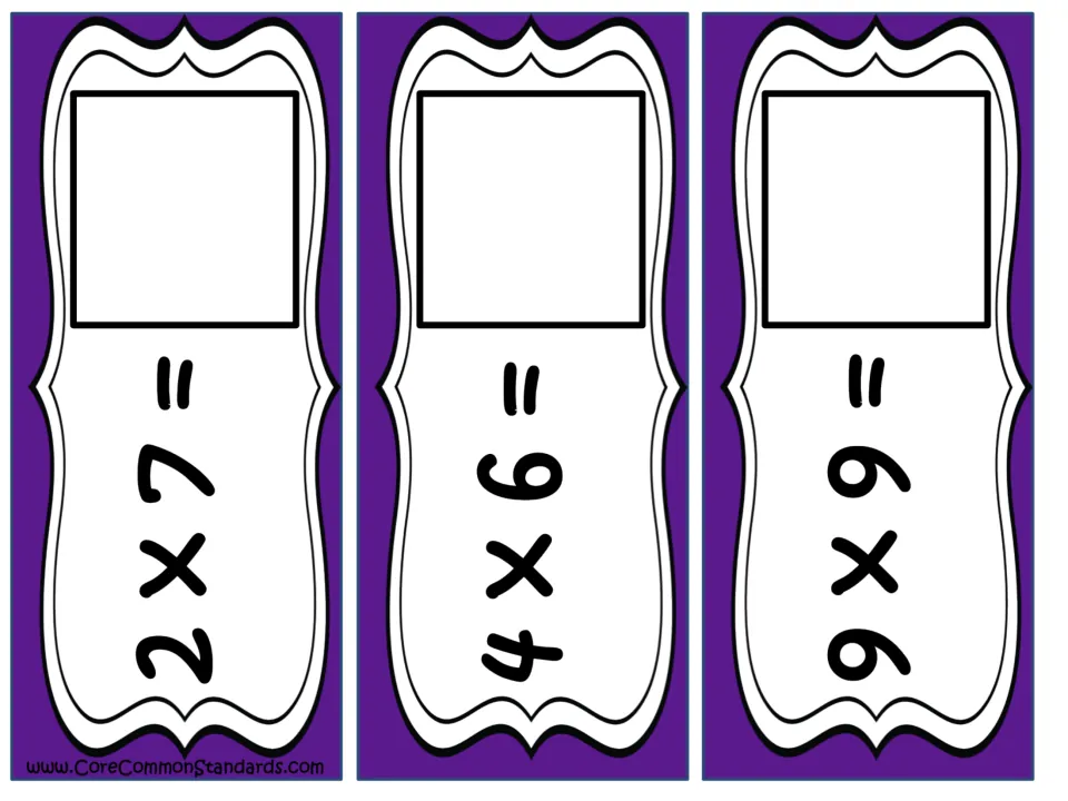 Multiplication problem cards 10–12 of 12: 2 × 7, 4 × 6, and 9 × 9, each requiring a matching answer card