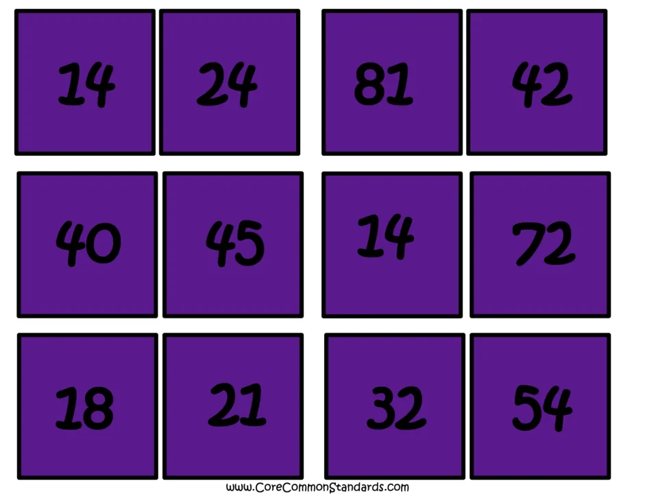 Twelve multiplication answer cards for matching: 14, 24, 81, 42, 40, 45, 14, 72, 18, 21, 32, and 54