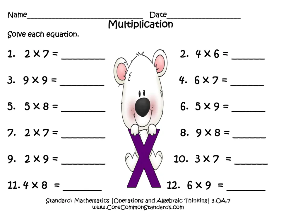 Multiplication recording sheet with 12 equations to solve, including 2 × 7, 4 × 6, 9 × 9, and 6 × 7