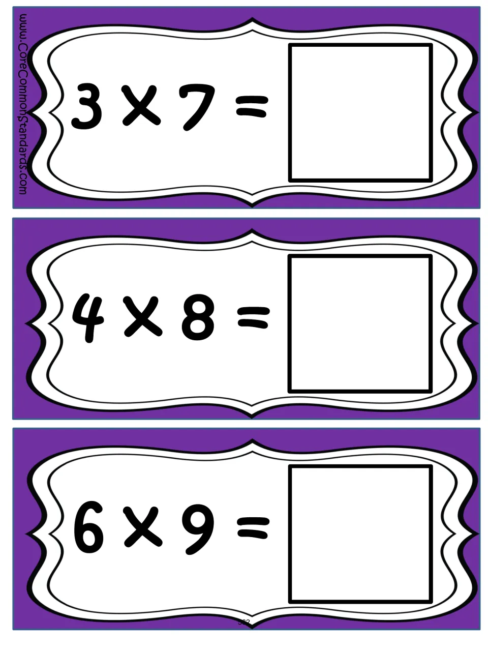 Multiplication problem cards 1–3 of the 12-card set: 3 × 7, 4 × 8, and 6 × 9, each with a missing product