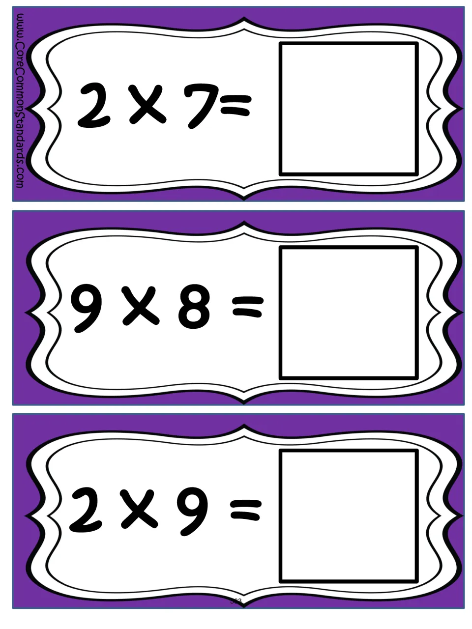 Multiplication problem cards 4–6 of the 12-card set: 2 × 7, 9 × 8, and 2 × 9, each with a missing product